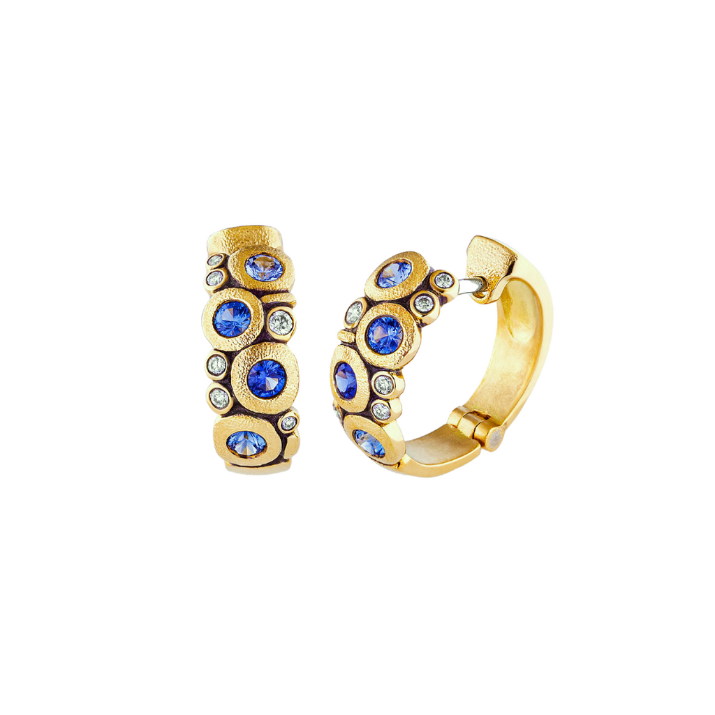 SAPPHIRE CANDY HOOPS, 18k yellow gold 
0.56tw blue sapphires 
0.20tw brilliant cut diamonds 
Made in New York 
, Earrings, Alex Sepkus