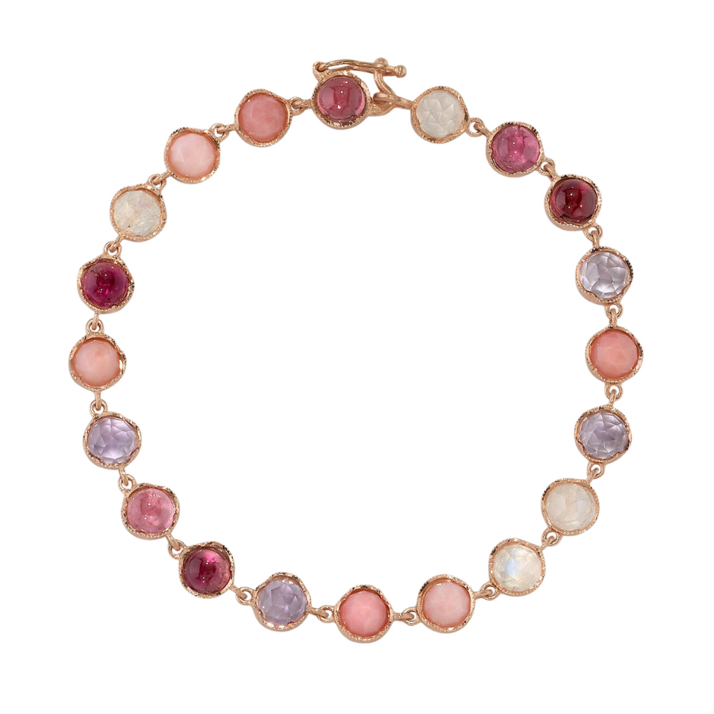 MIXED GEMSTONE BRACELETS - PINK, 18k rose gold 
5mm rose cut &amp; cabochon pink tourmaline, pink opal, rainbow moonstone, &amp; rose of France 
Made in Los Angeles 
, BRACELETS, Irene Neuwirth