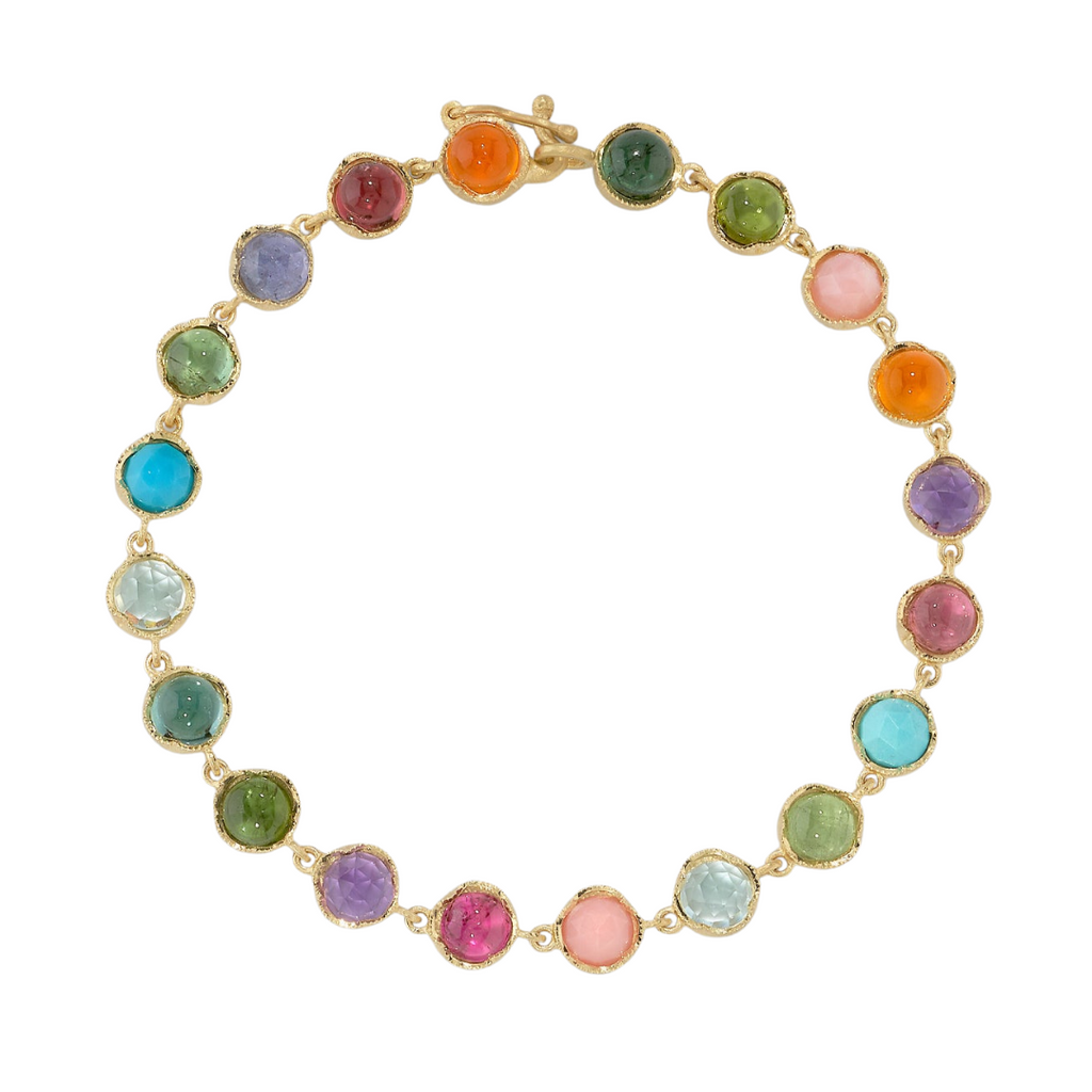 MIXED GEMSTONE BRACELETS - RAINBOW, 18k rose gold 
5mm rose cut &amp; cabochon green tourmaline, pink tourmaline, pink opal, amethyst, tanzanite, indicolite, turquoise, carneilian &amp; aquamarine 
Made in Los Angeles 
, BRACELETS, Irene Neuwirth