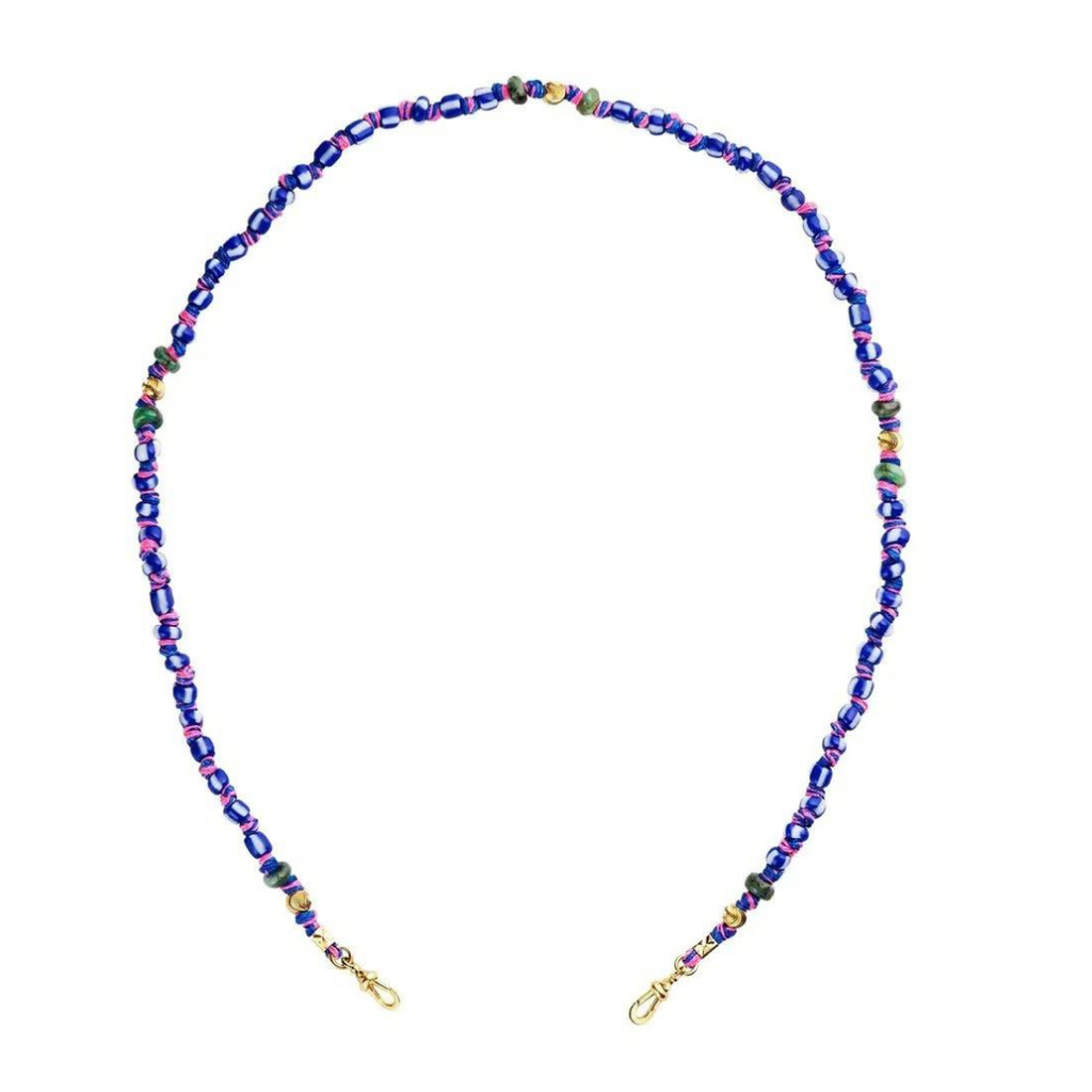 GHANA MAULI BEADS - PURPLE & BLUE, YELLOW GOLD CHAIN. HANDCUFF FINISH AT BOTH ENDS. 9k gold Length : 14" or 28", Necklace, Marie Lichtenberg