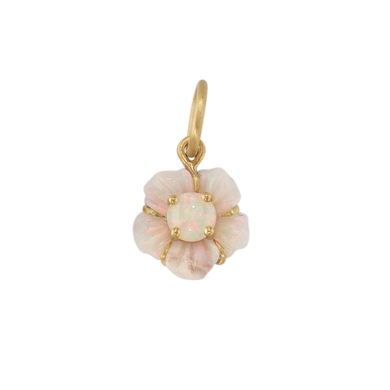 SMALL OPAL TROPICAL FLOWER PENDANT, 18k yellow gold 1.76ct carved opal flower 0.32ct opal center stone Made in Los Angeles, Pendant, Irene Neuwirth