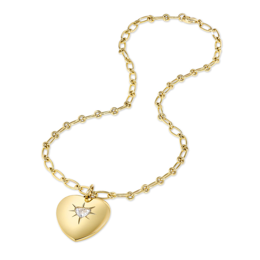 SINGLE STONE VALENTINA PENDANT featuring 1.52ct I/I1 GIA certified heart shaped rose cut diamond prong set in a handcrafted high polish 18k yellow gold heart shaped pendant. Price does not include chain.