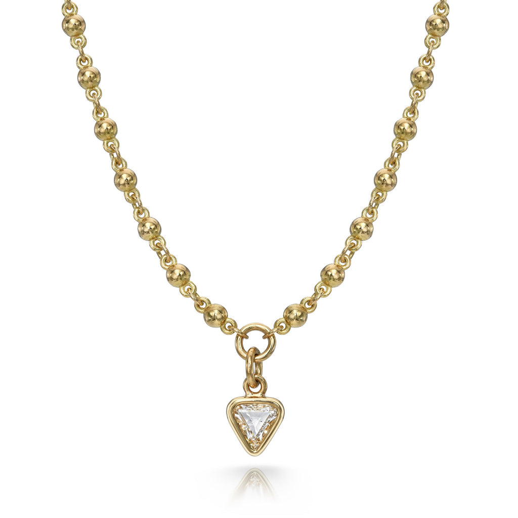 SINGLE STONE VEDA featuring 0.65ct G/I1 trillion cut diamond bezel set on a handcrafted 18K yellow gold pendant necklace. Necklace measures 17".
