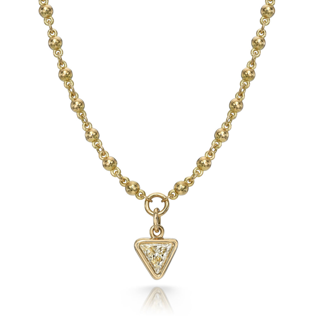 SINGLE STONE VEDA featuring 1.05ct H/SI1 trillion cut diamond bezel set on a handcrafted 18K yellow gold pendant necklace. Necklace measures 17".