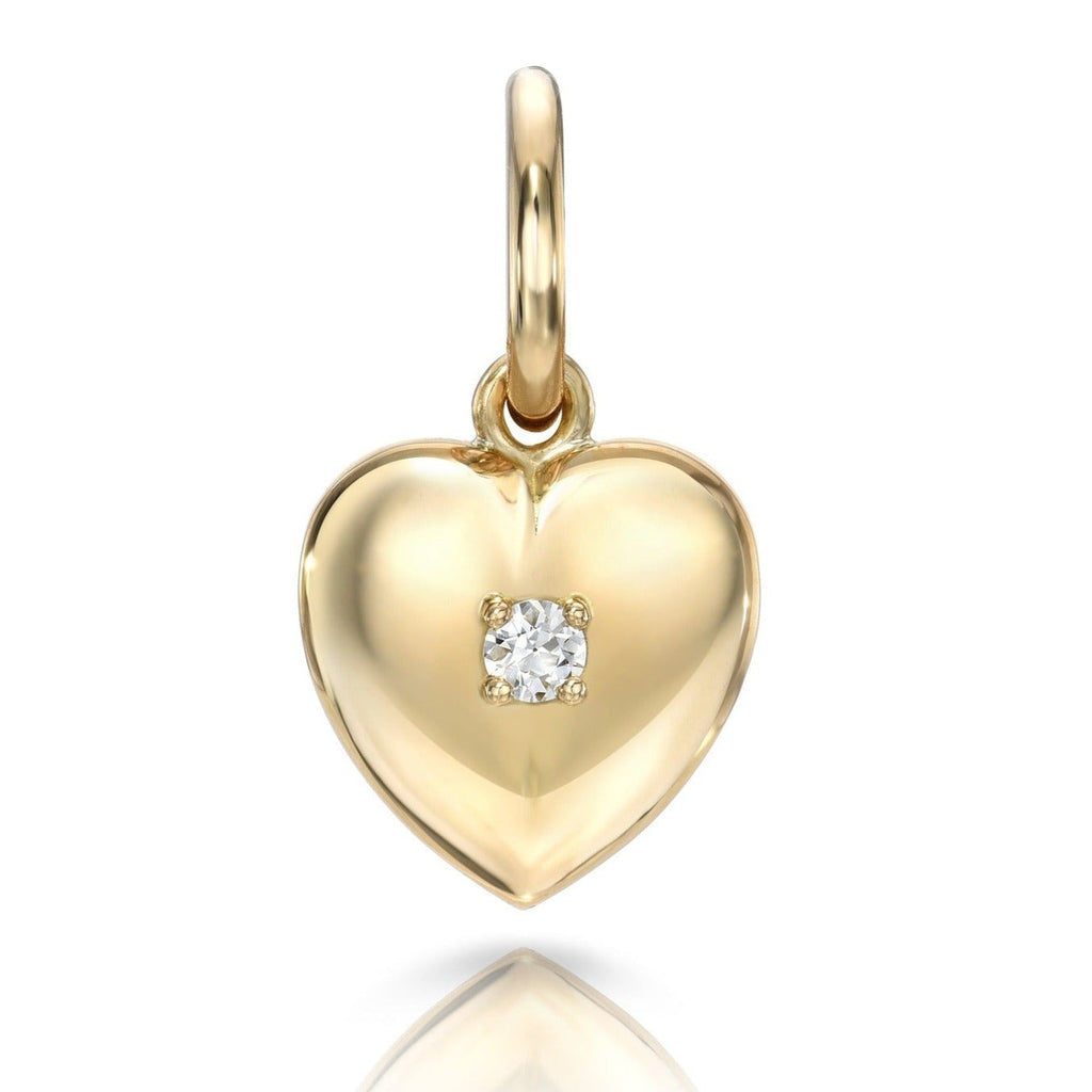 SINGLE STONE VIOLA WITH DIAMOND PENDANT featuring 0.09ct I/VS2 old European cut diamond prong set in a handcrafted 18K yellow gold heart shaped pendant.