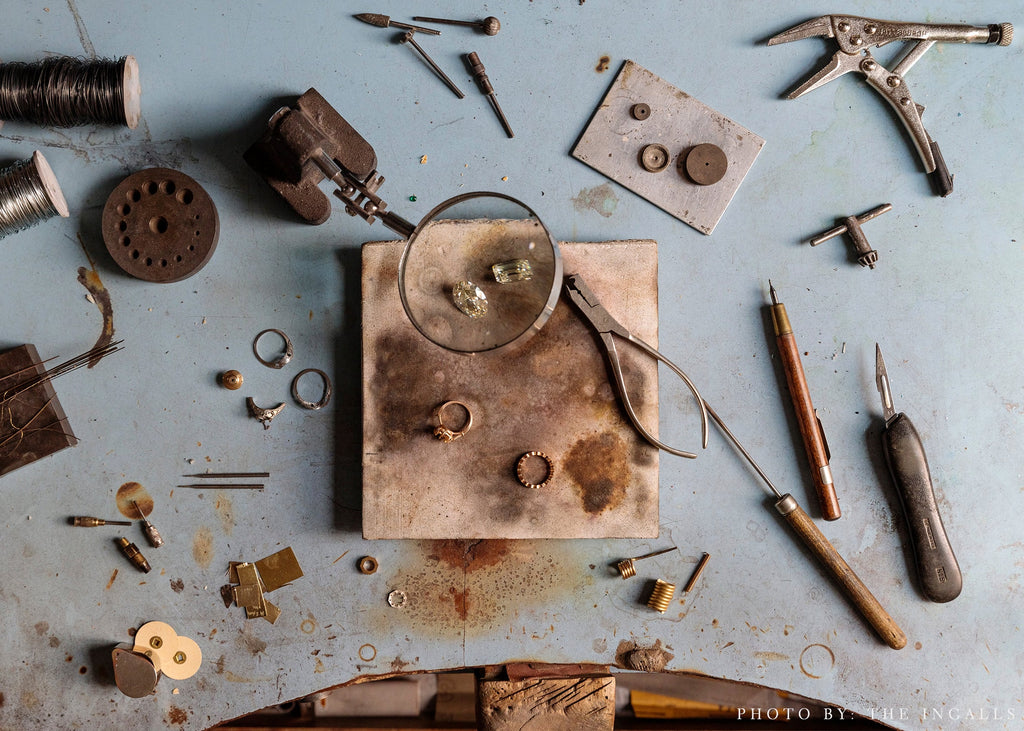 An image of tools on a jewelers bench.