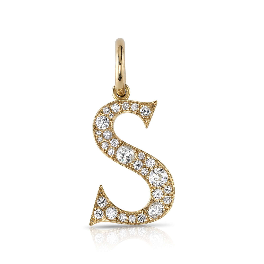 SINGLE STONE LARGE COBBLESTONE LETTERS PENDANT featuring Approximately 0.95ctw-2.75ctw varying old cut and round brilliant cut diamonds set in a handcrafted 18K yellow gold letter pendant. Letters are approximately 1" tall. Available in an oxidized or pol