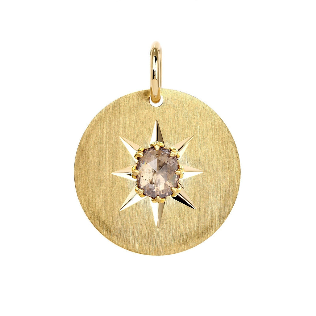 SINGLE STONE ZEPHYR PENDANT featuring 0.93ct Brown/I1 mixed antique cushion cut/rose cut diamond prong set on a handcrafted 25mm 18K yellow gold round disc.