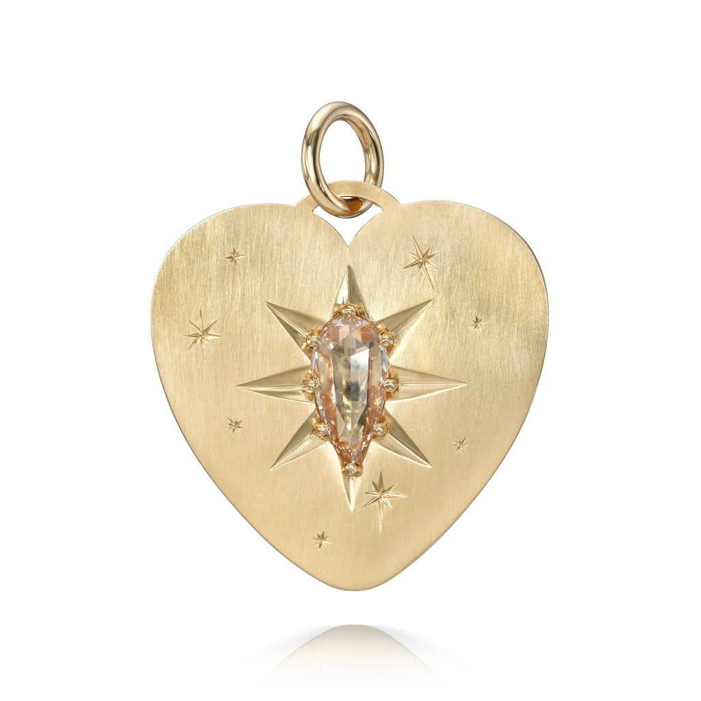 SINGLE STONE ZEPHYR PENDANT featuring 2.01ct U-V-Light Brown/SI1 pear shaped rose cut diamond prong set in a handcrafted satin-finished 18K yellow gold heart-shaped pendant.