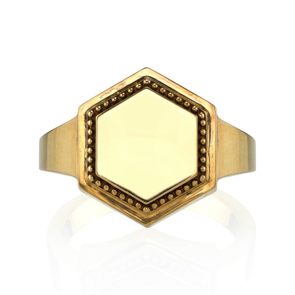 SINGLE STONE ZOE RING featuring Vintage inspired 18K yellow gold hexagon signet ring. Available with or without diamonds. Price includes monogrammed engraving of up to three letters in any of the styles shown above - please be sure to specify before placi