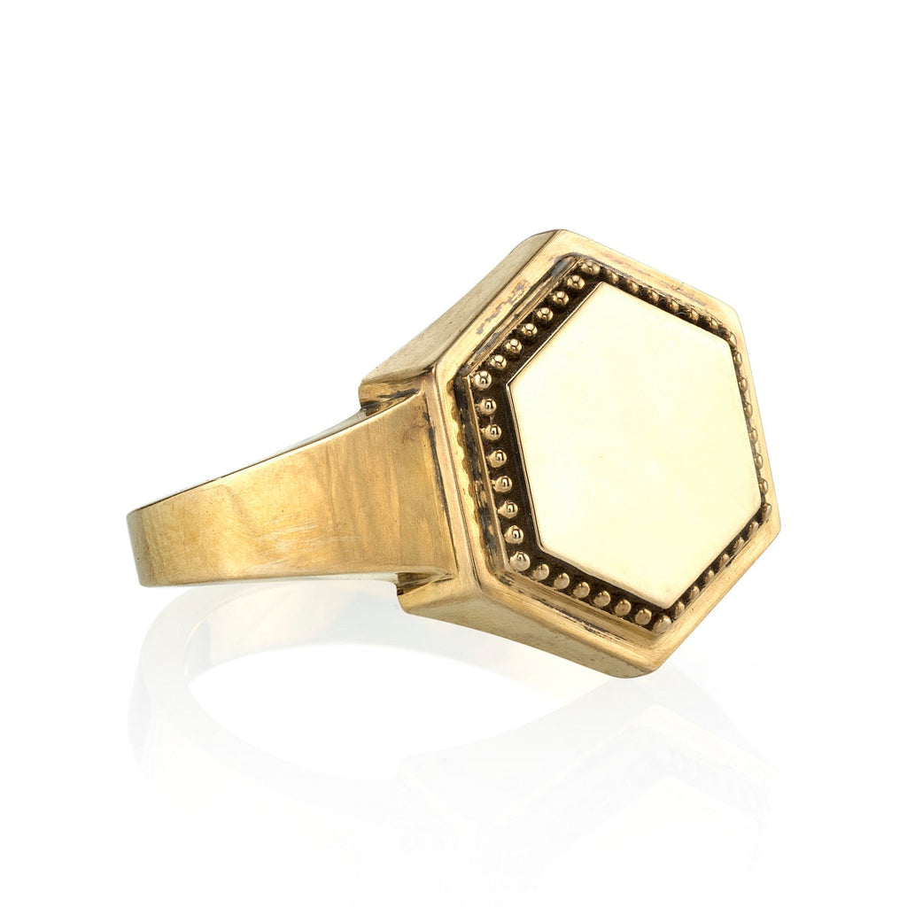 SINGLE STONE ZOE RING featuring Vintage inspired 18K yellow gold hexagon signet ring. Available with or without diamonds. Price includes monogrammed engraving of up to three letters in any of the styles shown above - please be sure to specify before placi