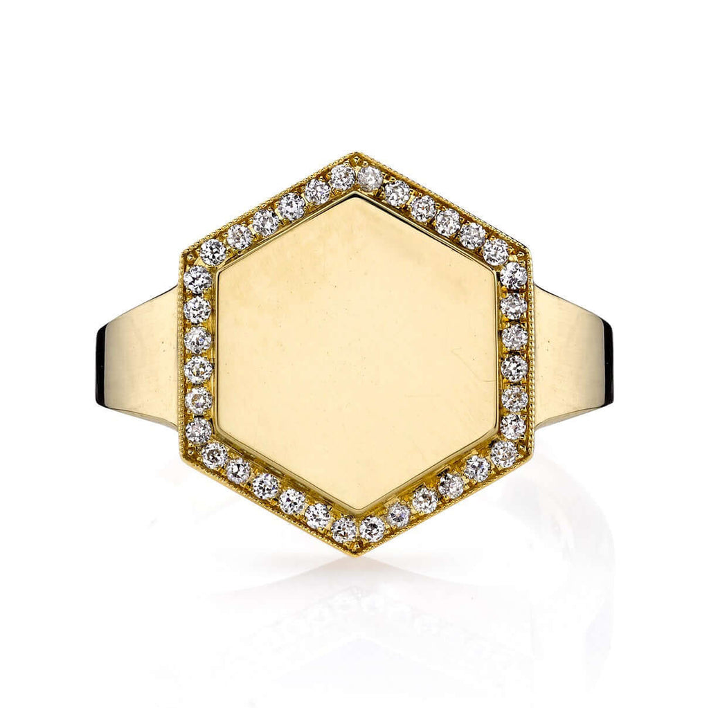 SINGLE STONE ZOE RING featuring Vintage inspired 18K yellow gold hexagon signet ring. Available with or without diamonds. Price includes monogrammed engraving of up to three letters in any of the styles shown above - please be sure to specify before placi