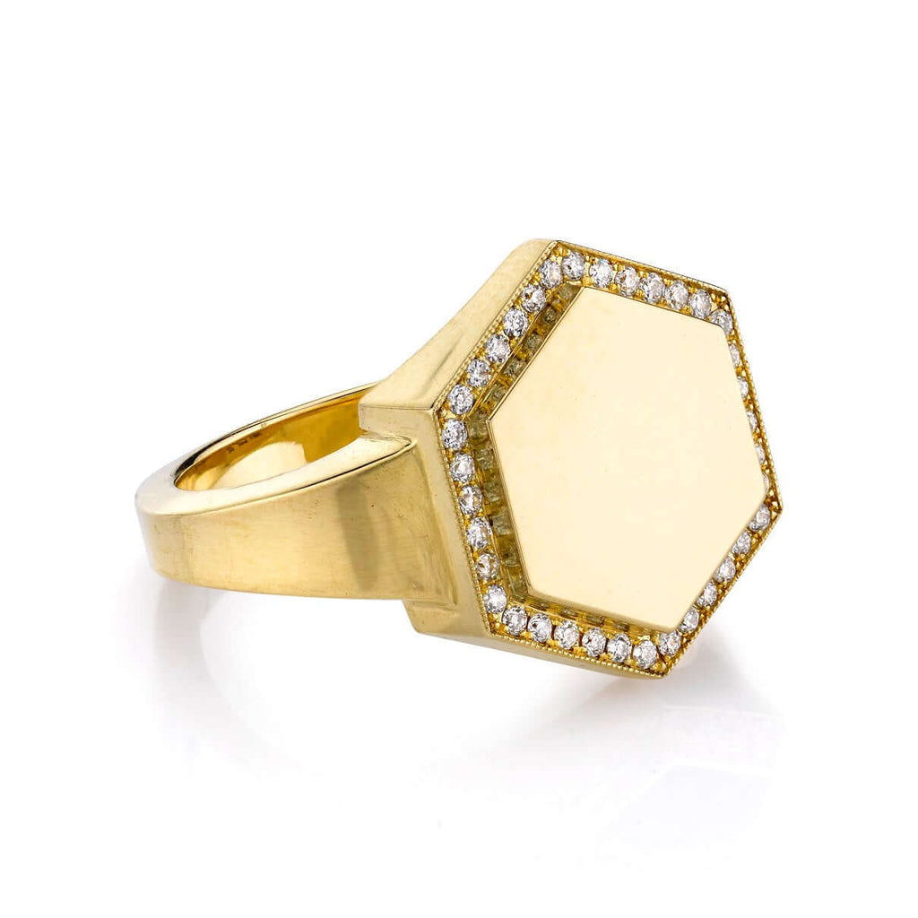 SINGLE STONE ZOE RING featuring Vintage inspired 18K yellow gold hexagon signet ring. Available with or without diamonds. Price includes monogrammed engraving of up to three letters in any of the styles shown above - please be sure to specify before placi