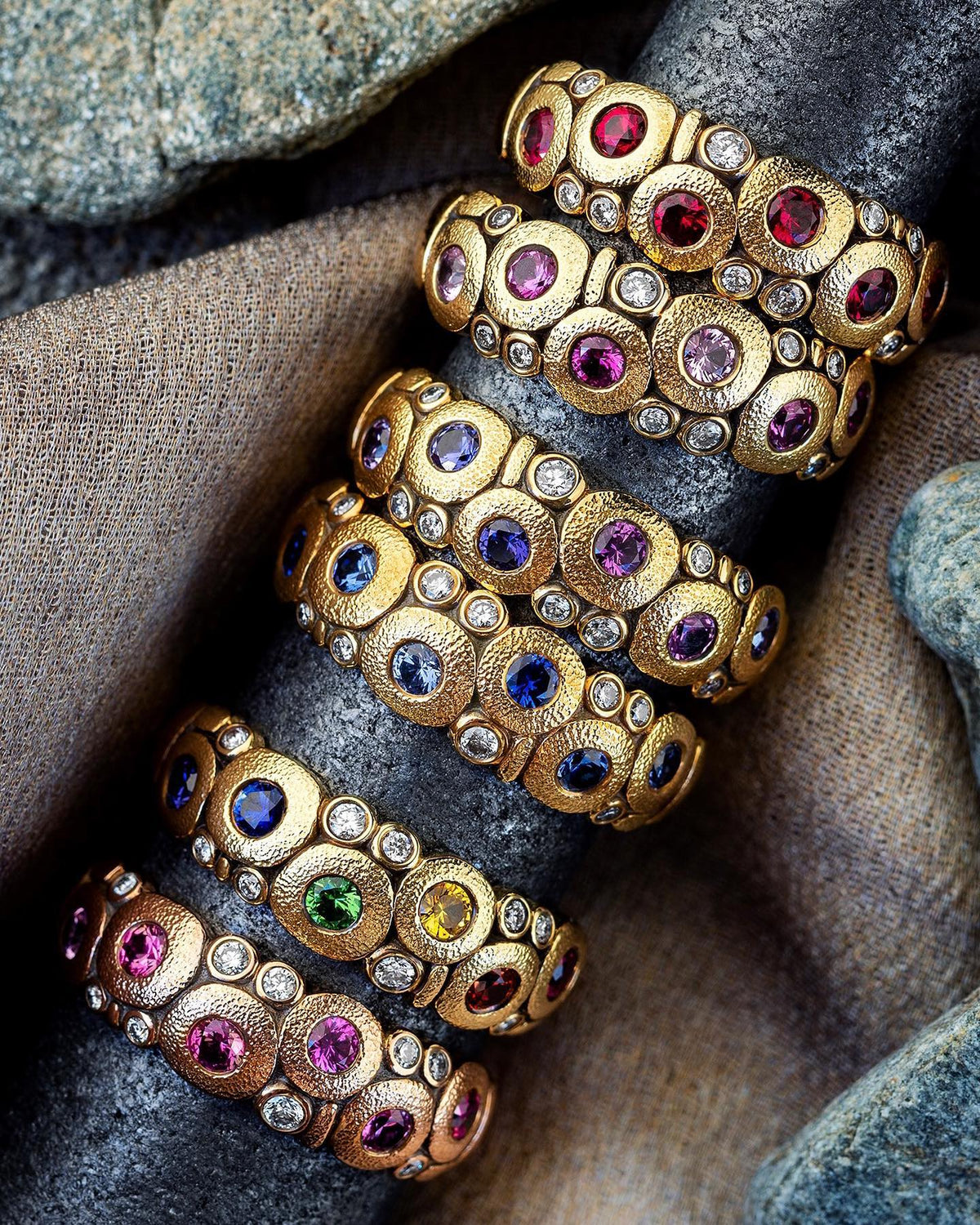 RAINBOW CANDY BAND, 18k yellow gold 
0.50ctw fancy colored sapphires 
0.12ctw Brilliant cut diamonds 
Size 7 
Made in New York 
, Band, Alex Sepkus