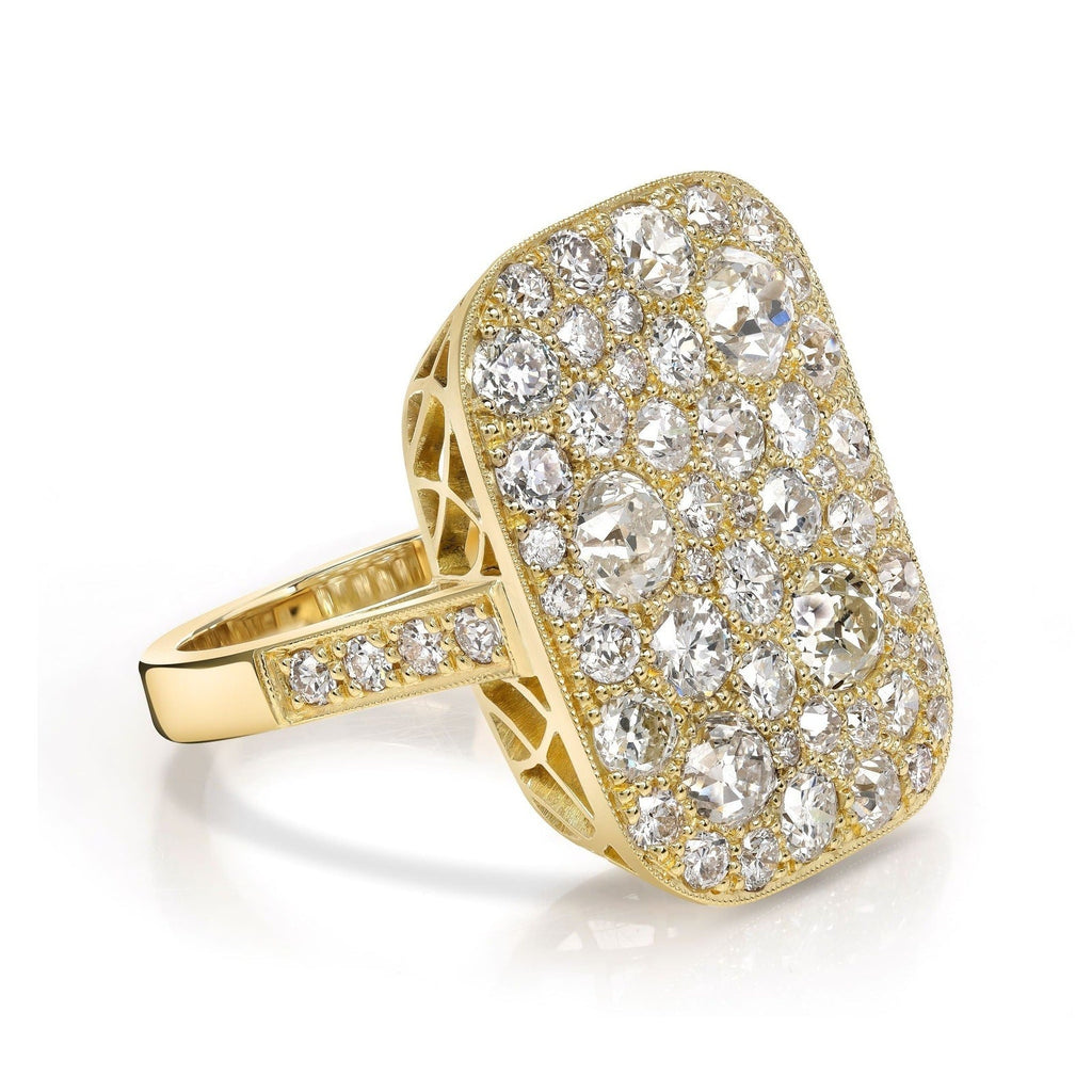 SINGLE STONE RECTANGULAR COBBLESTONE RING RING featuring 3.29ctw various old cut and round brilliant cut diamonds set in a handcrafted oxidized 18K yellow gold mounting. Price may vary according to total diamond weight. Measurements 22mm x 17mm. *Cobblest