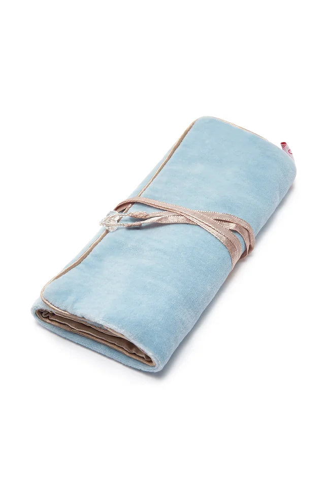 VELVET JEWELRY ROLL - SKY BLUE, Sky blue colored velvet 
Gold satin lining and tie 
3 pockets; 1 main pocket, 2 zip pockets, and 2 ring holders which unclip, JEWELRY CASES, Jo Edwards London