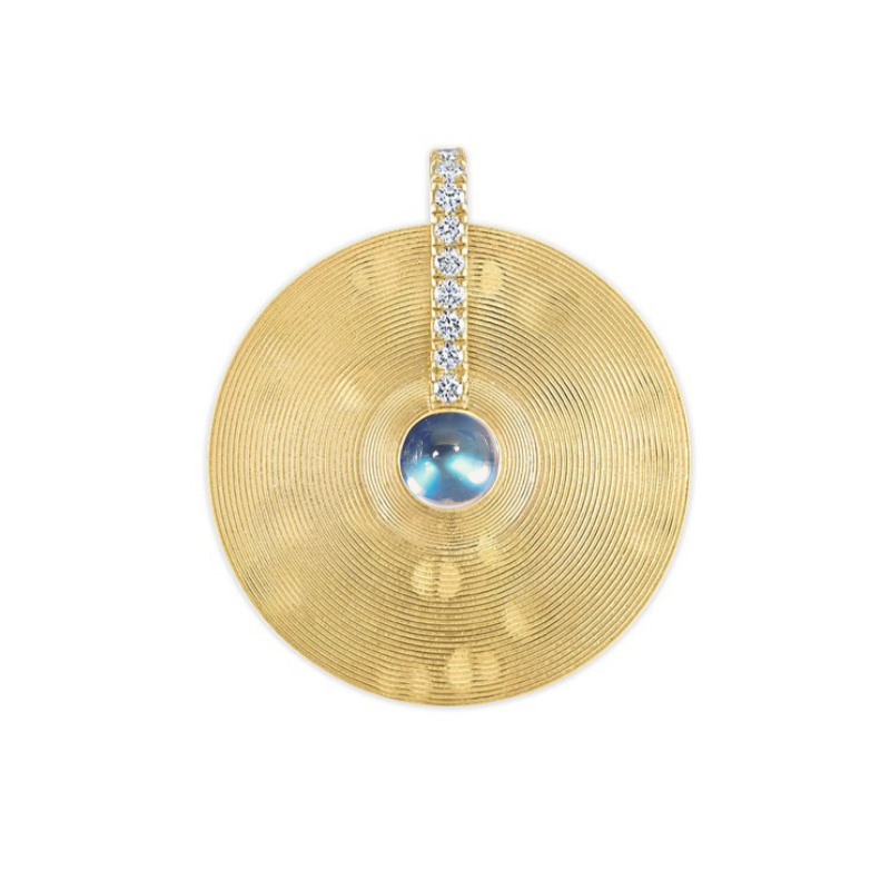 LARGE CYMBAL PENDANT WITH MOONSTONE AND DIAMOND, 18 karat yellow gold 
Diamonds 
Moonstone 
, PENDANT, Jade Ruzzo