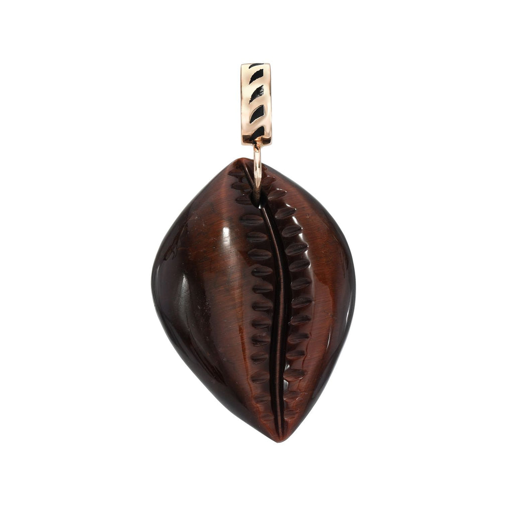 CARVED RED TIGER'S EYE COWRY SHELL CHARM, 18k rose gold & black enamel Carved red tiger's eye cowry shell, Pendant, DEZSO