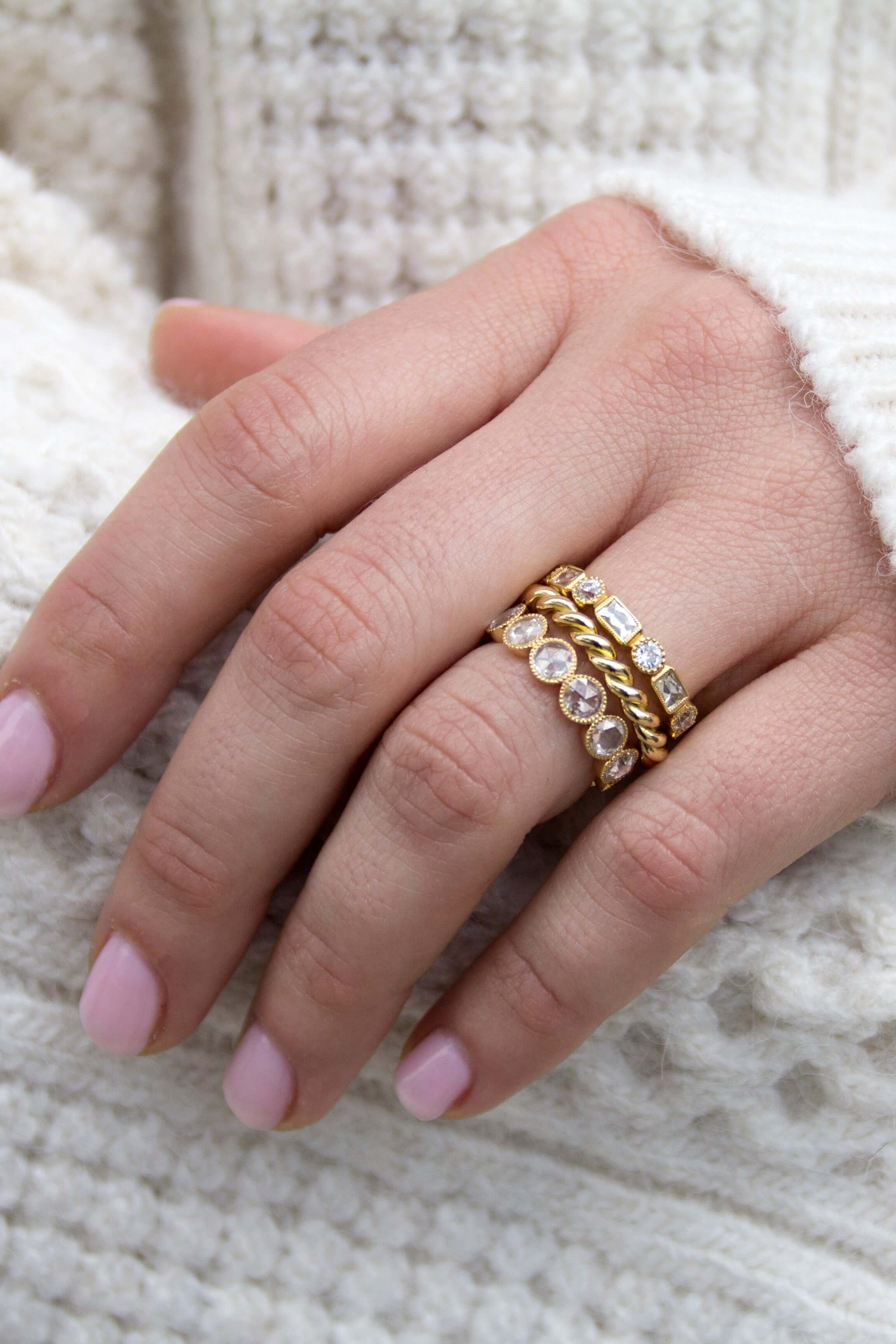 SINGLE STONE LARGE ROSE CUT GABBY BAND | ﻿Approximately 2.00ctw G-H/VS-SI Rose cut diamonds bezel set in a handcrafted eternity band. Approximate band width 4.8mm. Please inquire for additional customization.