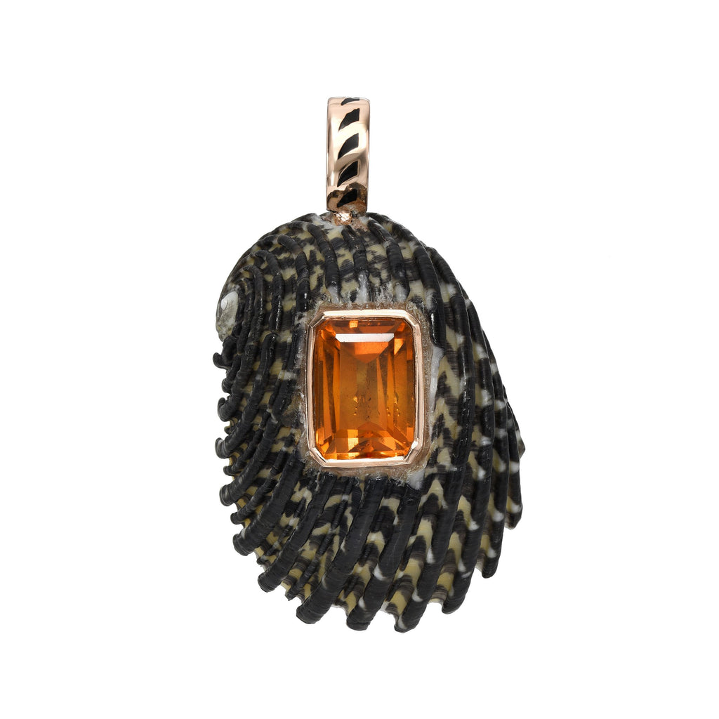 NATURAL SHELL WITH CITRINE CHARM, 18k rose gold &amp; black enamel 
Natural sea shell 
, Pendant, DEZSO