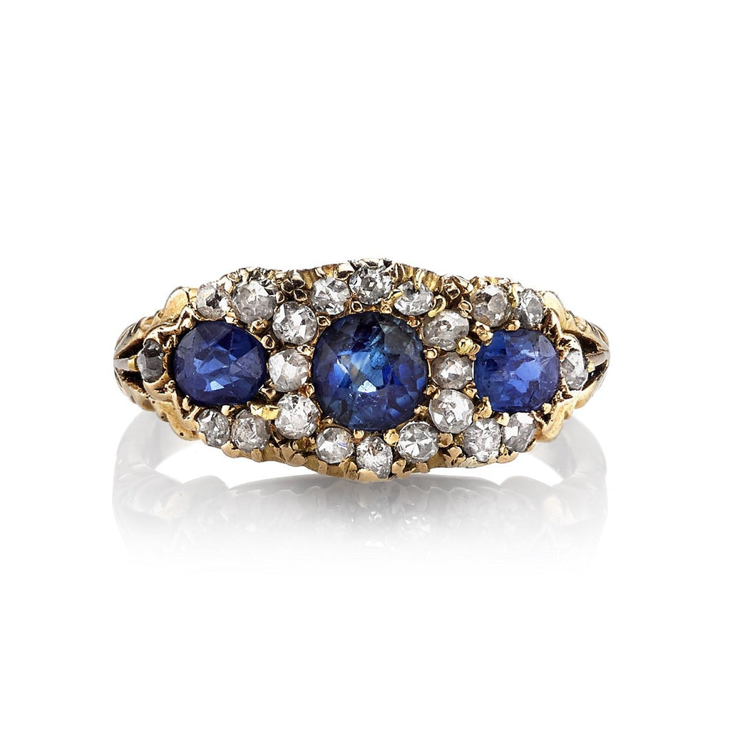 SFB48, 0.75ctw Sapphires with 0.50ctw old Mine cut and Rose cut accent diamonds set in a vintage 14k yellow gold mounting. Circa 1890. Ring is currently a size 5.25., RINGS, VINTAGE