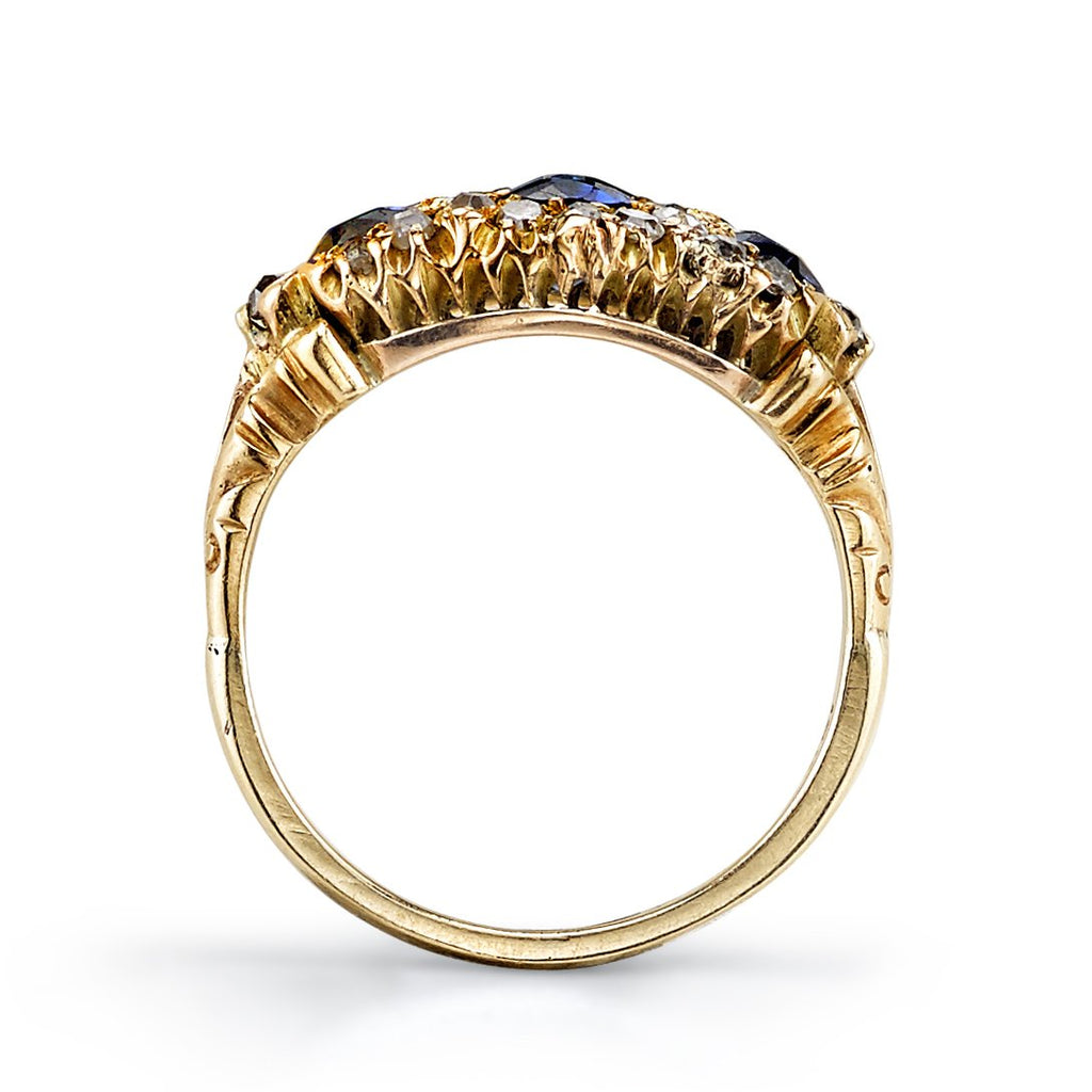 SFB48, 0.75ctw Sapphires with 0.50ctw old Mine cut and Rose cut accent diamonds set in a vintage 14k yellow gold mounting. Circa 1890. Ring is currently a size 5.25., RINGS, VINTAGE