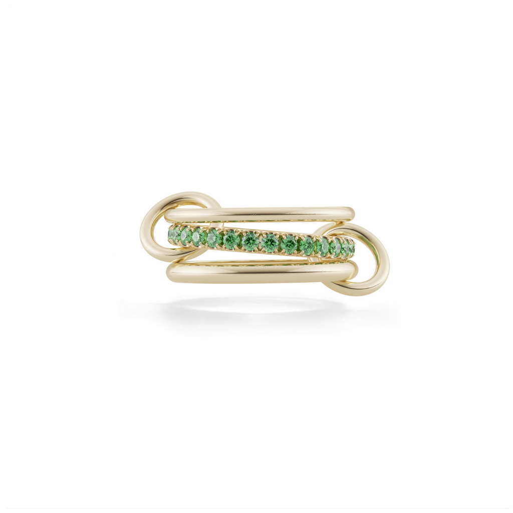 PETUNIA WITH EMERALDS, 18K yellow gold bands 18k yellow gold connectors 1.20ctw emerald pavé Size 6 Made in Los Angeles, Ring, Spinelli Kilcollin