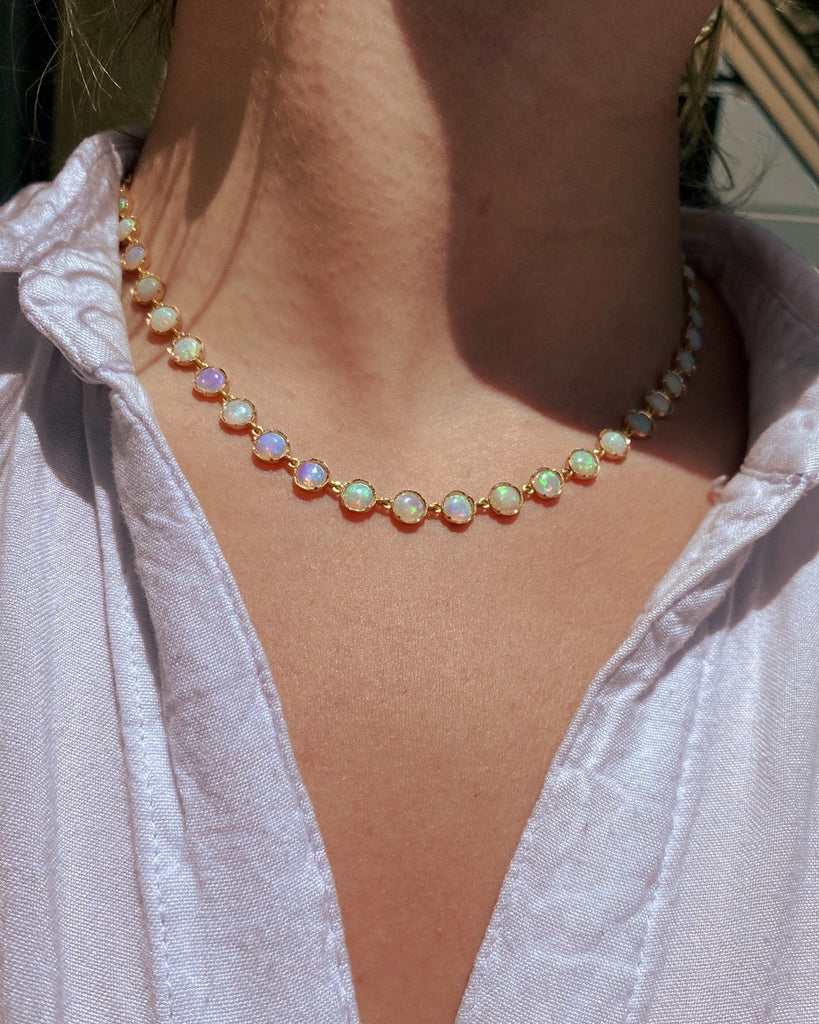 CRYSTAL OPAL NECKLACE, 18k rose gold 5mm cabochon crystal opal 18 inches in length Made in Los Angeles, Necklace, Irene Neuwirth