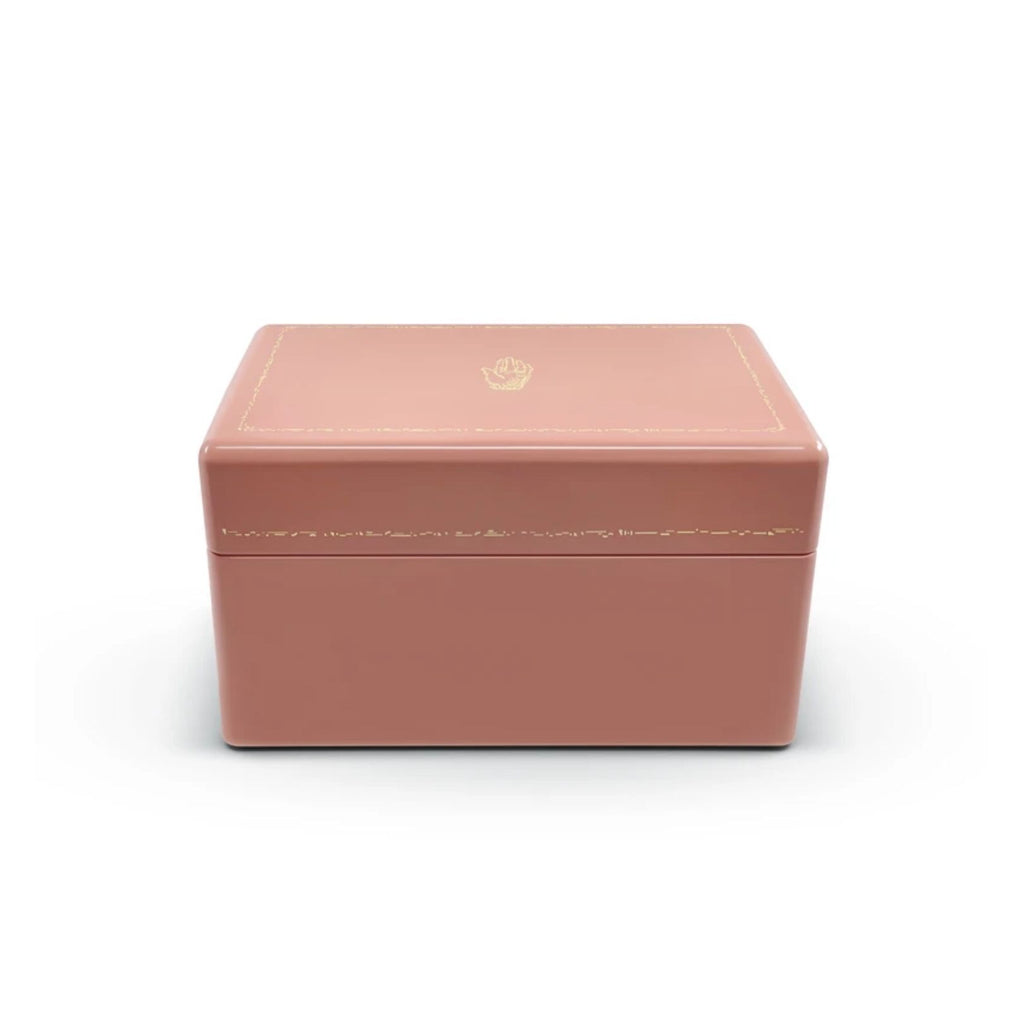 BLUSH TRUNK, Color: Blush with burnt terracotta interior 3 levels of storage Wood with high lacquer finish Features delicate gold effect inlay Brass plated hardware Faux suede interior 11.8" x 8.3" x 6.3", Jewelry Case, Trove