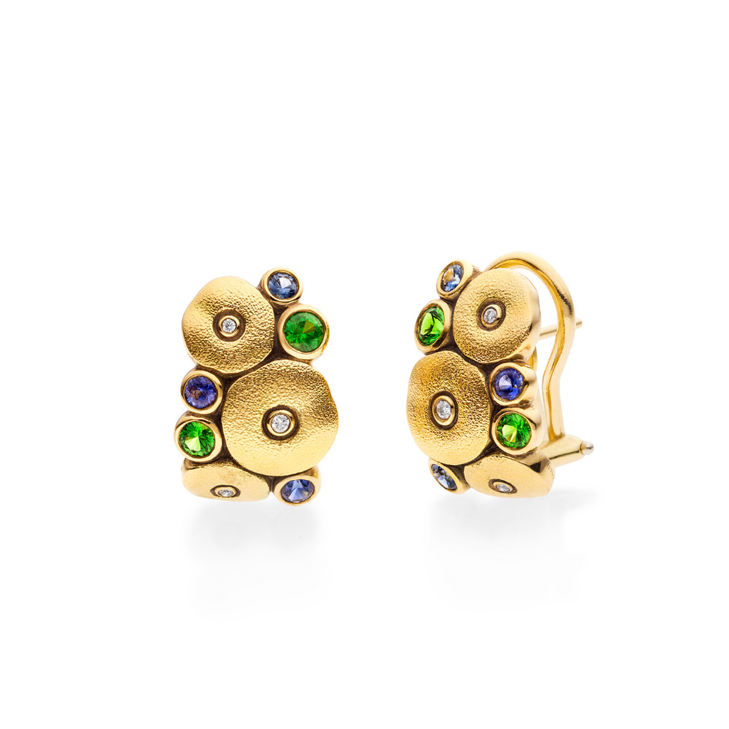 ORCHARD EARRINGS, 18k yellow gold 0.60tw sapphires and tsavorites 0.11ctw Brilliant cut diamonds Made in New York, Earrings, Alex Sepkus
