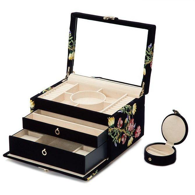 MEDIUM ZOE JEWELRY CASE, Velvet jewelry case embroidered with classic floral designs. Jewelry case includes a total of 10 compartments. 4 medium compartments, 3 large compartments, 4 bracelet compartments, 4 bracelet/watch cuffs, and removable mini travel