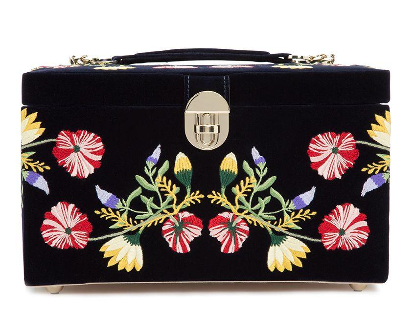 MEDIUM ZOE JEWELRY CASE, Velvet jewelry case embroidered with classic floral designs. Jewelry case includes a total of 10 compartments. 4 medium compartments, 3 large compartments, 4 bracelet compartments, 4 bracelet/watch cuffs, and removable mini travel