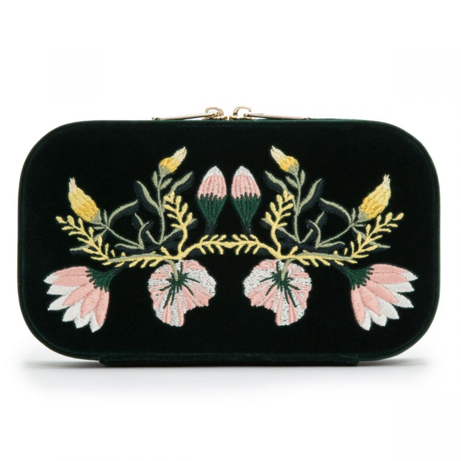 LARGE ZOE JEWELRY CASE, Forest green velvet 
20 compartments: 18 ring rolls, 12 necklace storage, 5 bracelet compartments, 6 bracelet/watch cuffs, and removable mini travel piece 
LusterLoc™:, Jewelry Case, Wolf