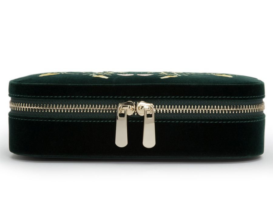LARGE ZOE JEWELRY CASE, Forest green velvet 
20 compartments: 18 ring rolls, 12 necklace storage, 5 bracelet compartments, 6 bracelet/watch cuffs, and removable mini travel piece 
LusterLoc™:, Jewelry Case, Wolf
