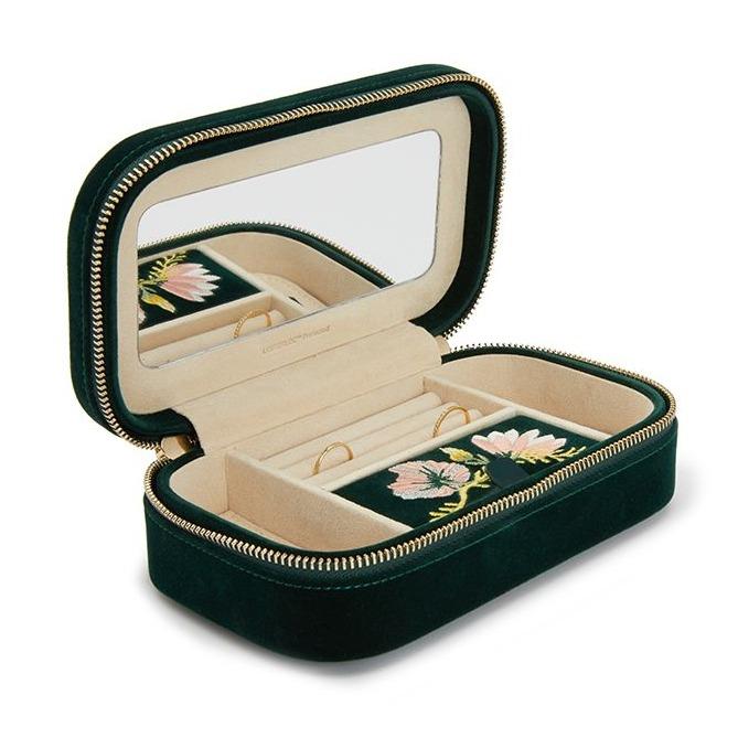 LARGE ZOE JEWELRY CASE, Forest green velvet 
20 compartments: 18 ring rolls, 12 necklace storage, 5 bracelet compartments, 6 bracelet/watch cuffs, and removable mini travel piece 
LusterLoc™:, Jewelry Case, Wolf