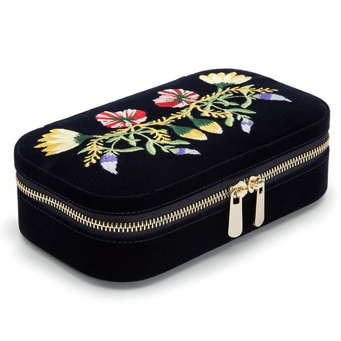 ZOE TRAVEL ZIP CASE, Velvet jewelry case embroidered with classic floral designs. Organize your jewelry on-the-go with the feminine yet functional Zoe Travel Zip Case. Jewelry case includes mirror, ring rolls (3), medium compartment with cover (1), small