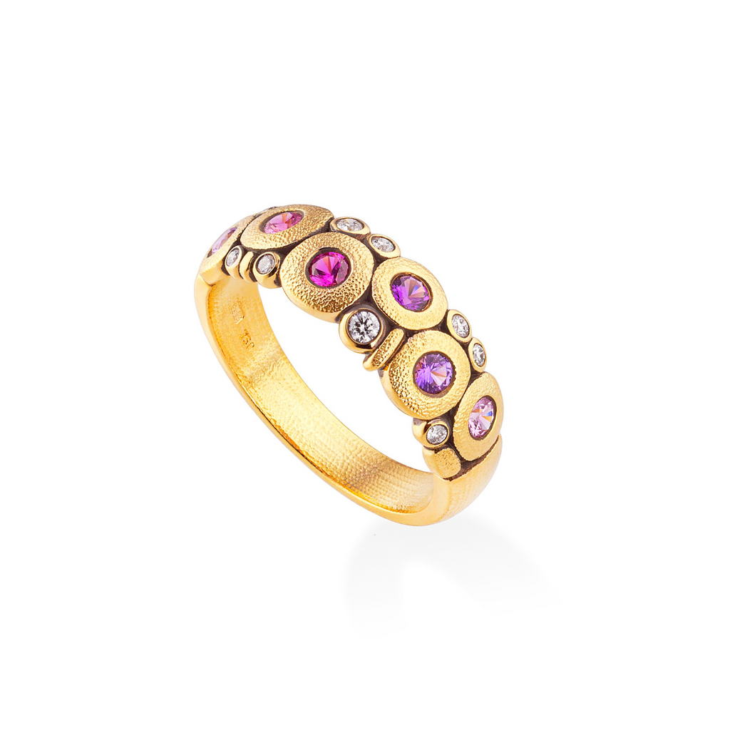PINK AND PURPLE SAPPHIRE CANDY BAND, 18k yellow gold 
0.50ctw purple and pink sapphires 
0.12ctw Brilliant cut diamonds 
Size 7 
Made in New York 
, Band, Alex Sepkus