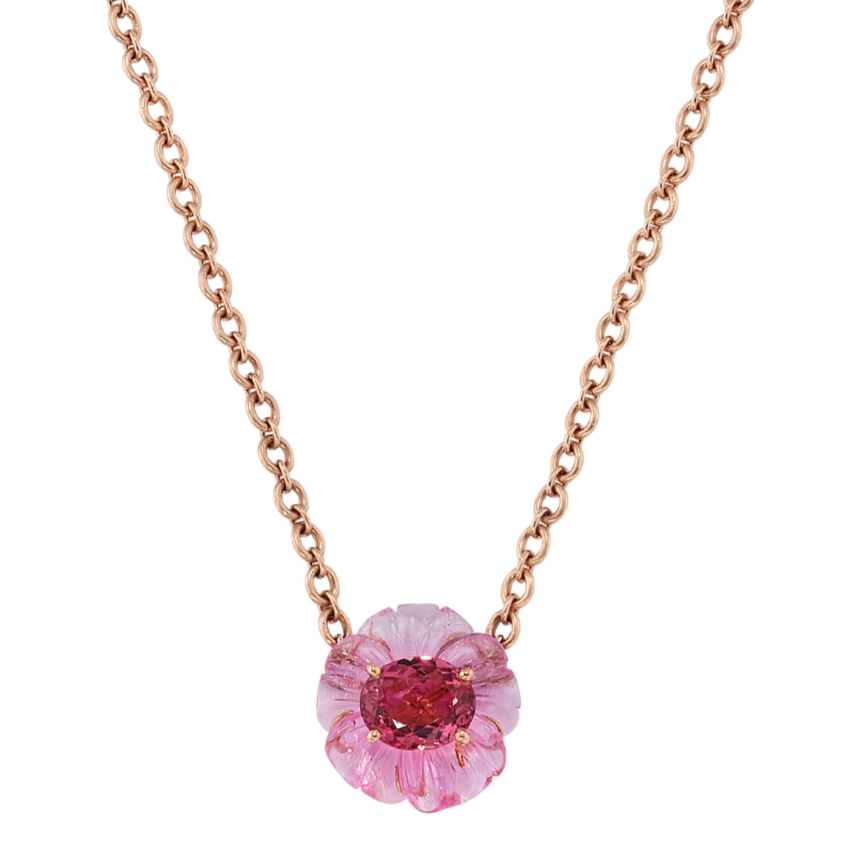 PINK TOURMALINE TROPICAL FLOWER NECKLACE, 18k rose gold 7.60ct carved pink tourmaline flower 2.08ct pink tourmaline 16 inches in length Made in Los Angeles, Necklace, Irene Neuwirth