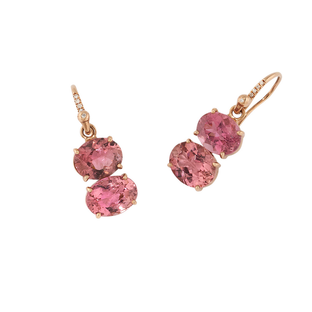 GEMMY GEM PINK TOURMALINE EARRINGS, 18k rose gold 
10.19cts of pink tourmaline 
0.03ctw diamond pavé 
Made in Los Angeles 
, Earrings, Irene Neuwirth