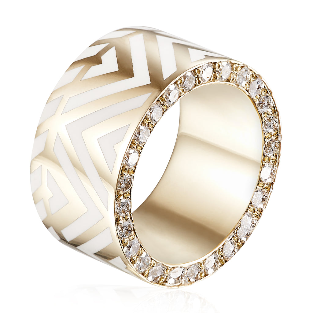MEMPHIS CHEVRON WIDE BAND, 14k yellow gold 
White enamel 
White diamonds 
Size 6.5 
Made in London, RINGS, Alice Cicolini