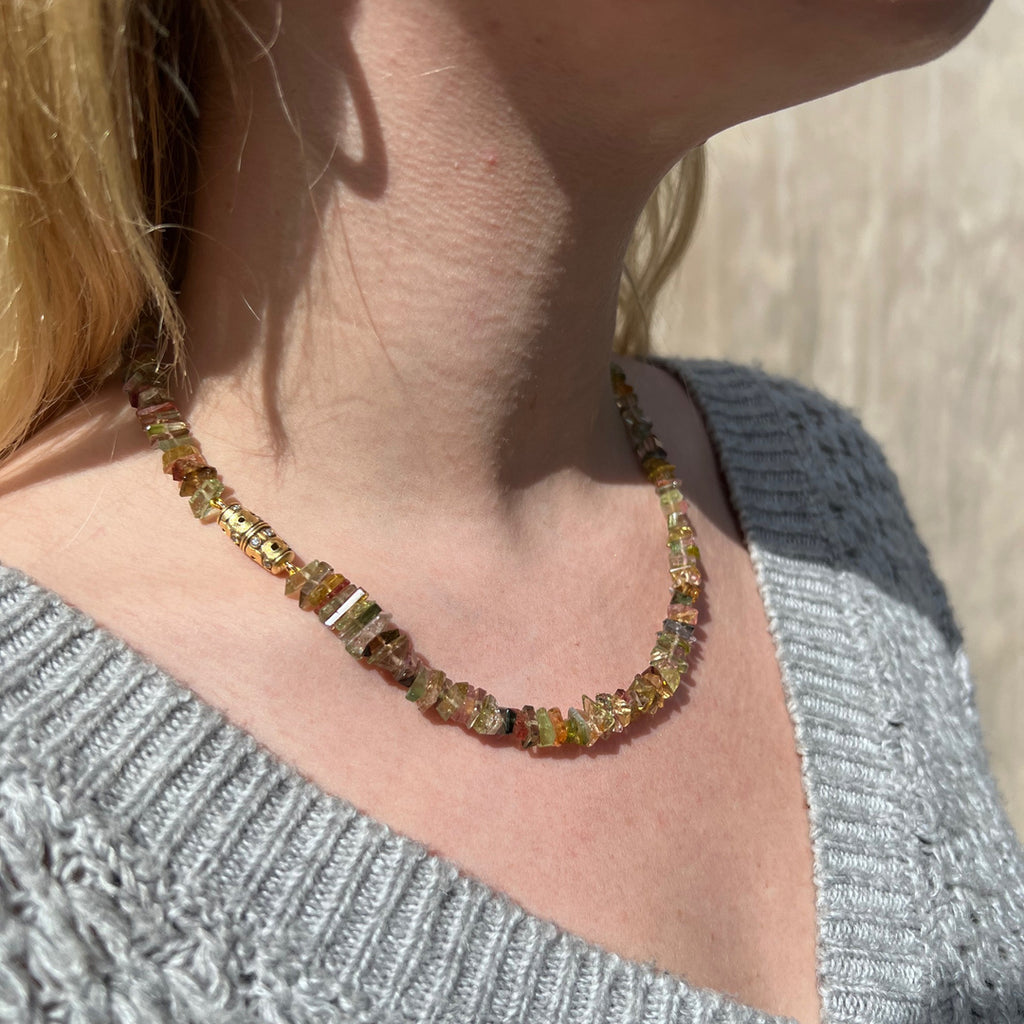LITTLE WINDOWS MIXED TOURMALINE NECKLACE, Mixed color tourmaline beads 18 karat yellow gold Little Windows station with 0.21tw diamonds Lobster clasp with 0.01ct diamond Made in New York, Necklace, Alex Sepkus