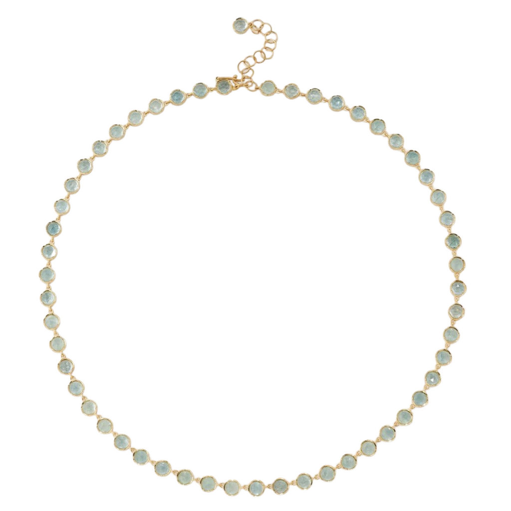 FINE AQUAMARINE NECKLACE, 18k yellow gold 5mm faceted aquamarine 18 inches in length Made in Los Angeles, Necklace, Irene Neuwirth