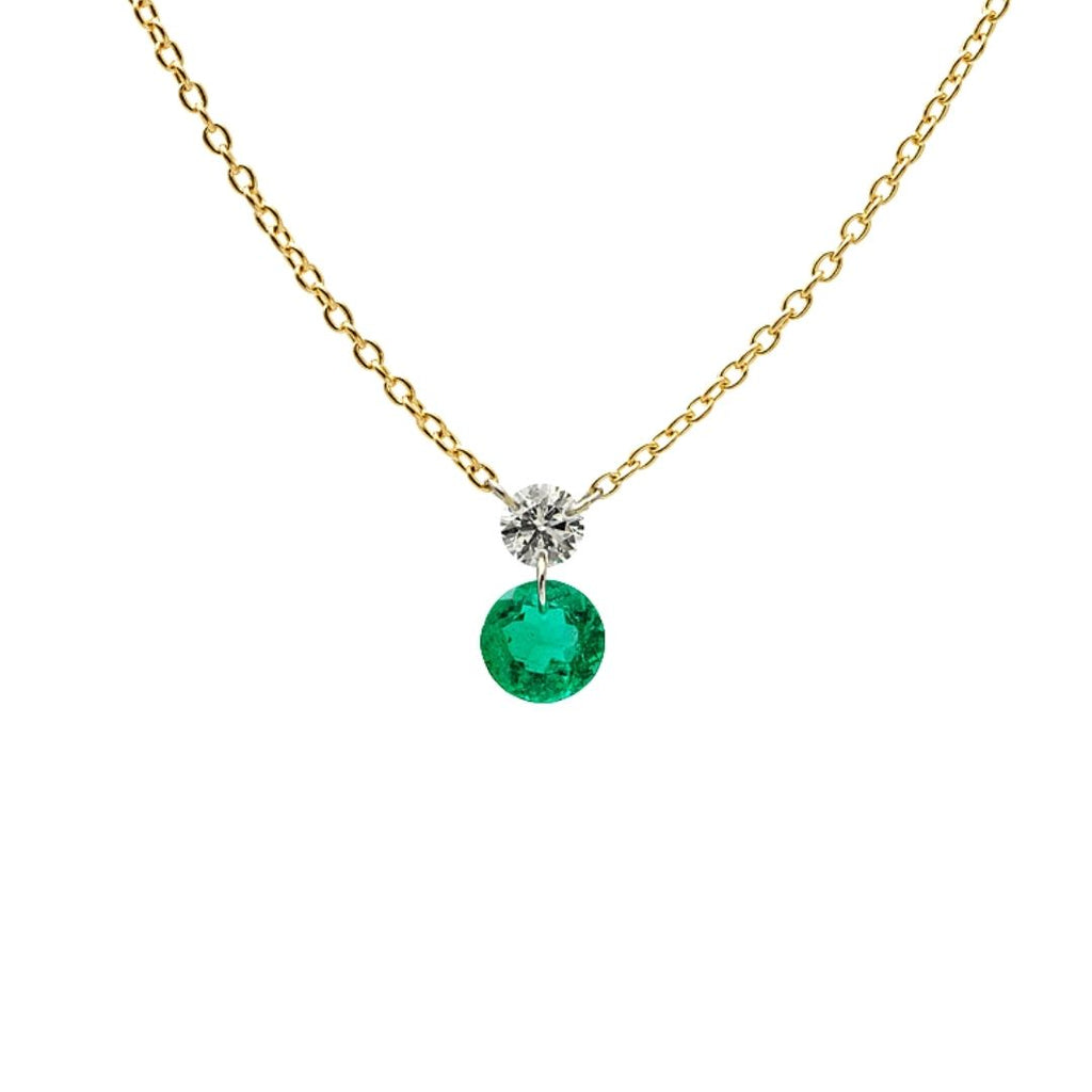 DUET EMERALD NECKLACE, 18k yellow gold 0.17ct emerald 0.09ct diamond 18 inches in length with adjustable clasp Made in New York, Necklace, ARESA New York