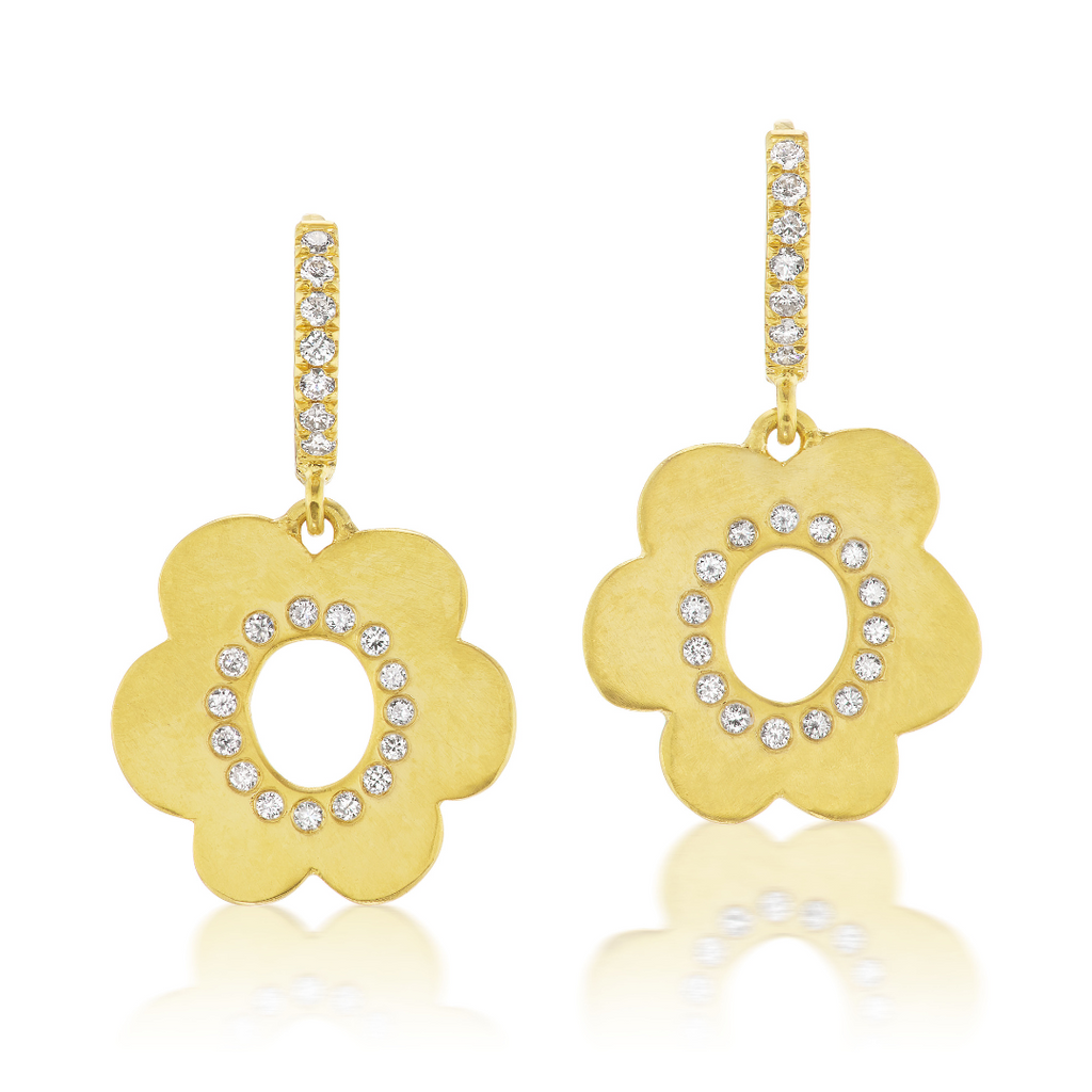 DAISY EARRINGS WITH DIAMONDS, 18k yellow gold 0.18tw brilliant cut diamonds Made in Greece, EARRINGS, Christina Alexiou