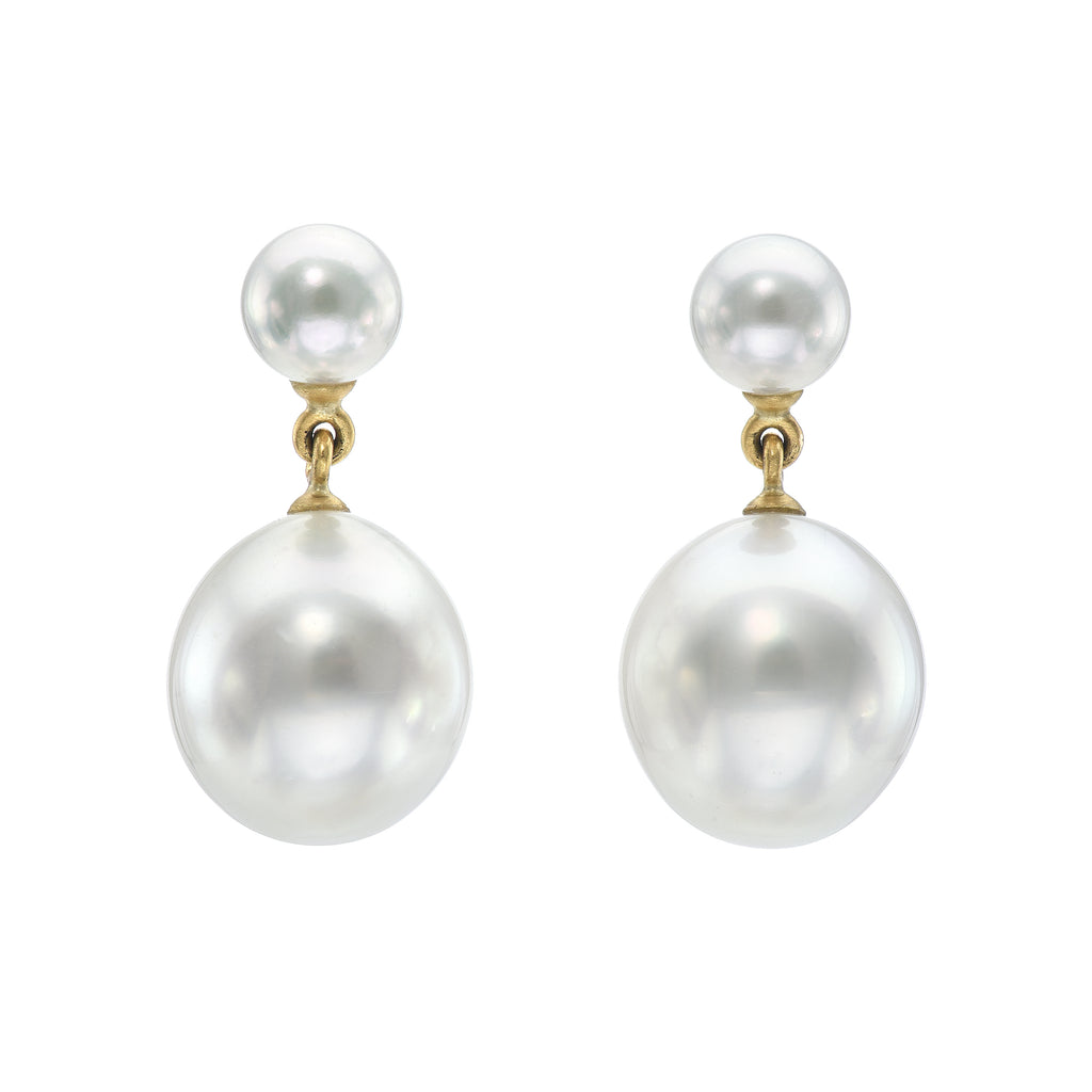 DOUBLE PEARL DROP EARRINGS, 18k yellow gold 7mm Akoya pearls 13x14mm South Sea pearls Made in Los Angeles, Earrings, Irene Neuwirth