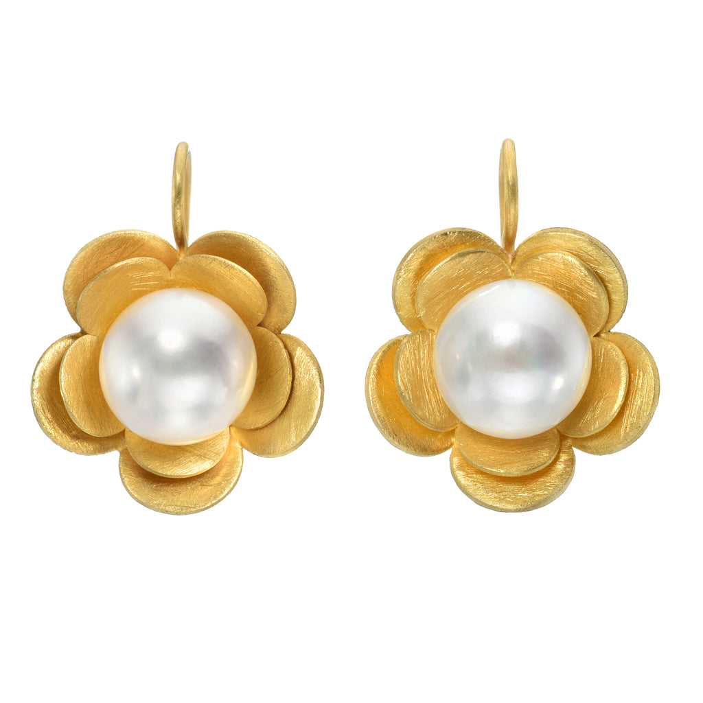 PEARL FLOWER EARRINGS, 22k yellow gold 11mm freshwater pearls Made in New York, Earrings, Stephanie Albertson