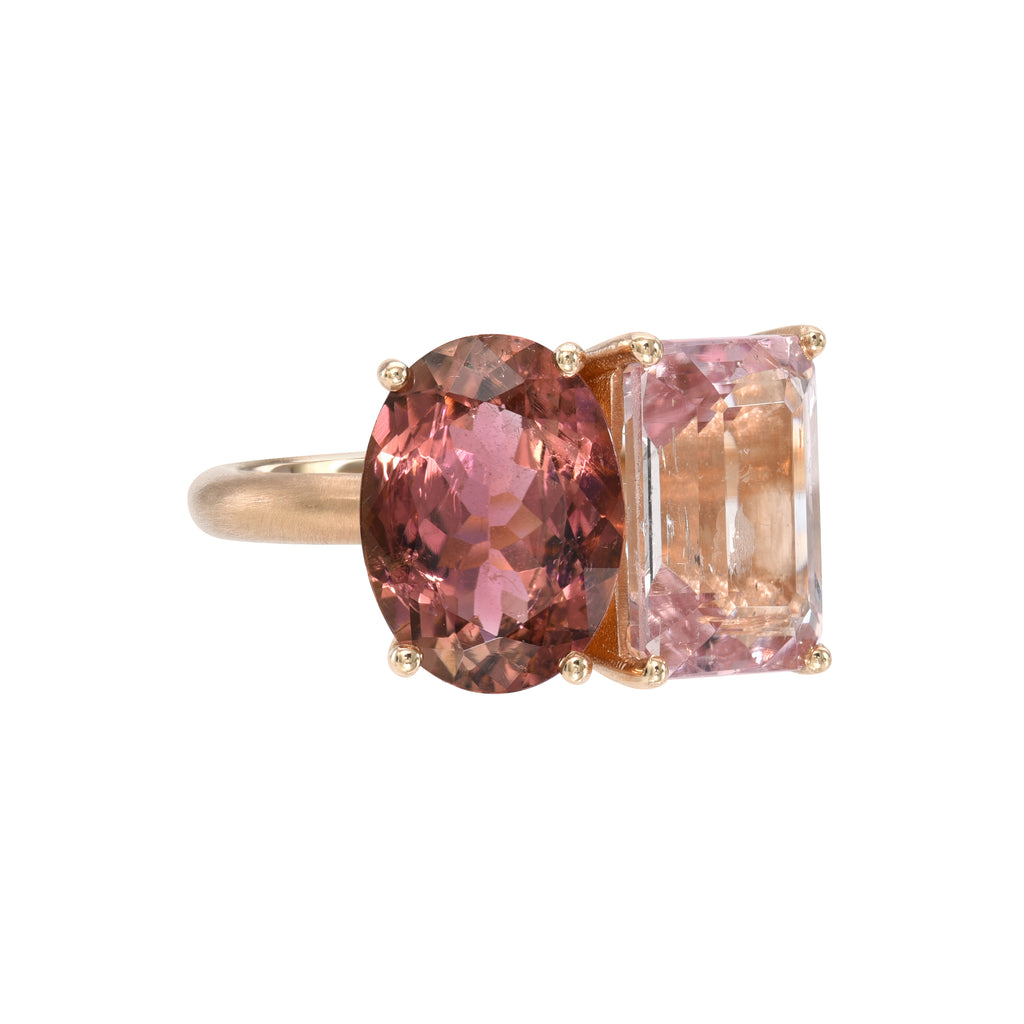 GEMMY GEM PINK TOURMALINE TWO STONE RING, 18k rose gold 7.31tw pink tourmaline Size 7 Made in Los Angeles, Rings, Irene Neuwirth