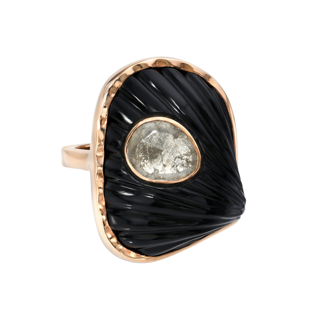 MEDIO ONYX POLKI DIAMOND RING, 18k rose gold &amp; black enamel 
Carved onyx 
Polki diamond 
Size 7 
, Earrings, DEZSO