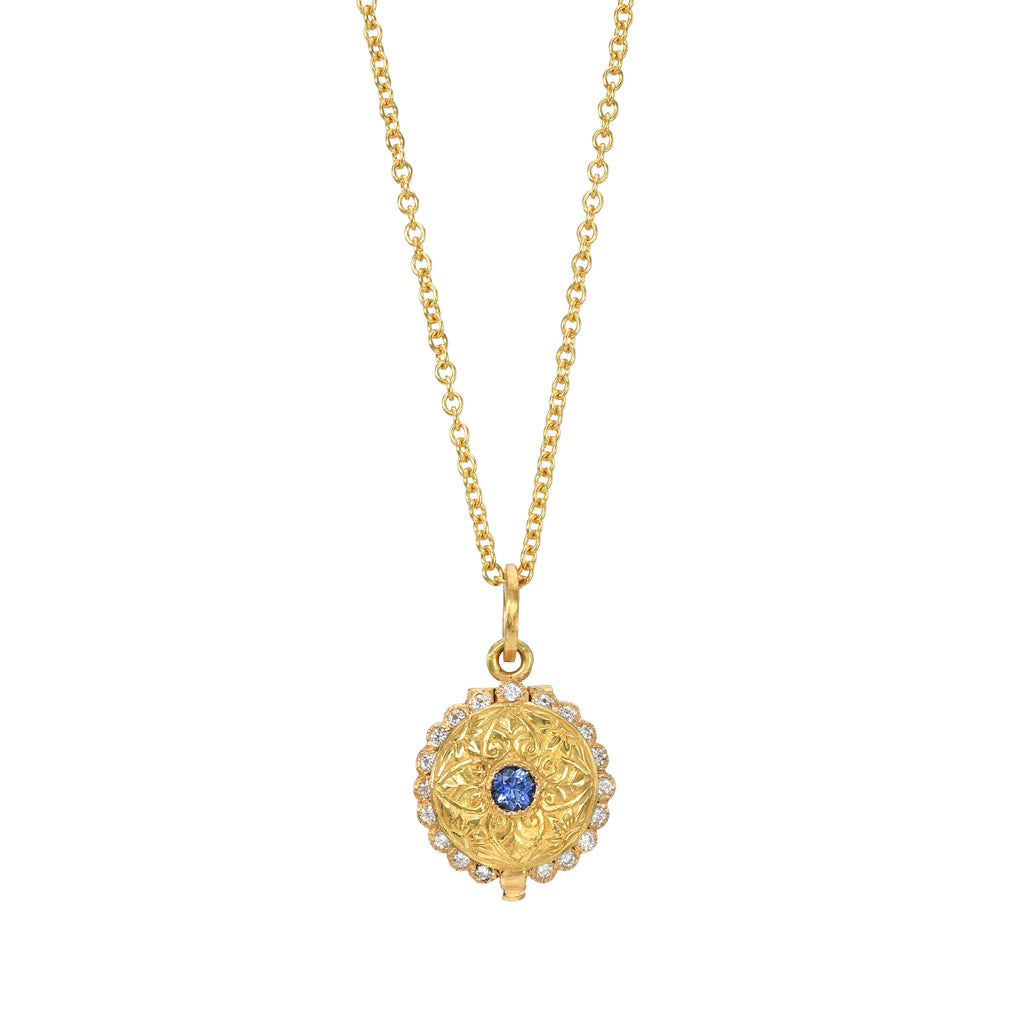 PETITE SAPPHIRE & DIAMOND LOCKET, 22k yellow gold Blue sapphire Brilliant cut diamonds 18k yellow gold 18 inch chain Made in Los Angeles, Necklace, Arman Sarkisyan