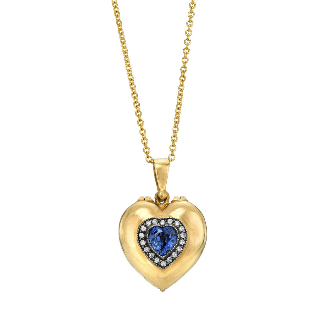 SAPPHIRE HEART LOCKET, 22k yellow gold and oxidized silver 1.30ct heart-shaped sapphire Brilliant cut diamonds 18k yellow gold 18 inch chain Made in Los Angeles, Necklace, Arman Sarkisyan